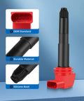 Close-up view of ignition coil with labels for OEM standard, durable material, and silicone boot, part of 8 Ignition Coils With 8 Iridium Spark Plugs UF660 For Porsche Panamera 2010 2016 3.6L 4.8L And Cayenne 2008 2018 Upgrade COP578 Coil Pack Set For Maximum Performance And Smooth Engine Run.