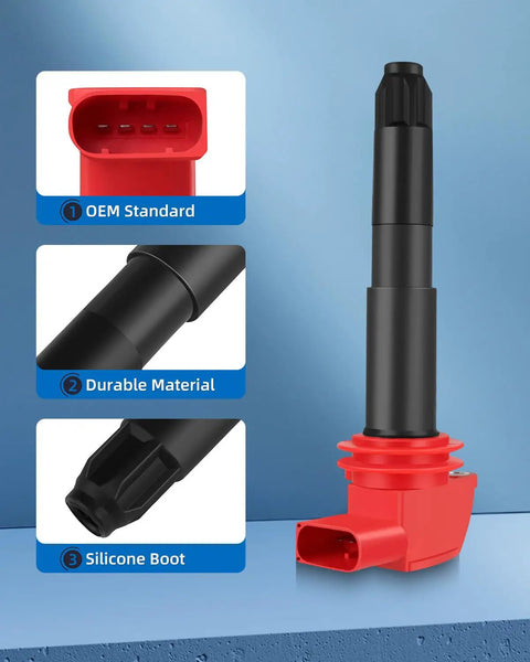 Close-up view of ignition coil with labels for OEM standard, durable material, and silicone boot, part of 8 Ignition Coils With 8 Iridium Spark Plugs UF660 For Porsche Panamera 2010 2016 3.6L 4.8L And Cayenne 2008 2018 Upgrade COP578 Coil Pack Set For Maximum Performance And Smooth Engine Run.