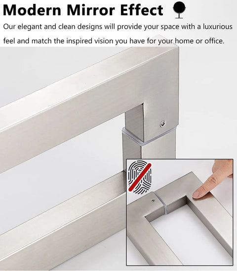 Square Door Pull Handle Set For Sliding Barn Doors, brushed nickel, close-up on smooth finish with anti-fingerprint feature.