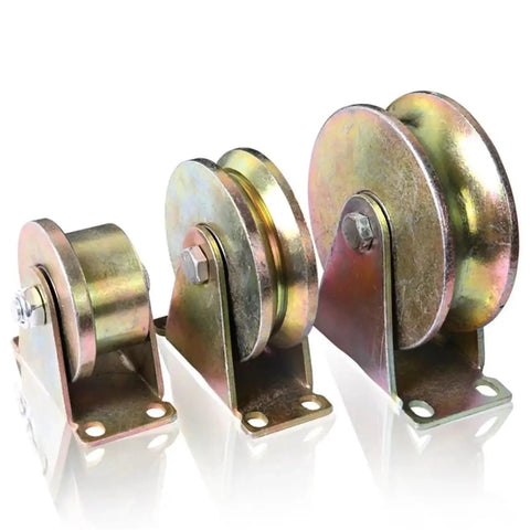 Heavy Duty Four Pack V Groove Slider Roller Balls Stainless Steel Track Pulleys showing three pulleys with metallic finish.
