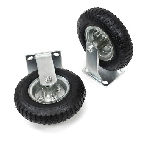 Heavy Duty Four Pack Eight Inch Pneumatic Air Tire Casters With Two Rigid And Two Swivel Wheels For Farm Cart, featuring 8-inch black rubber tires.