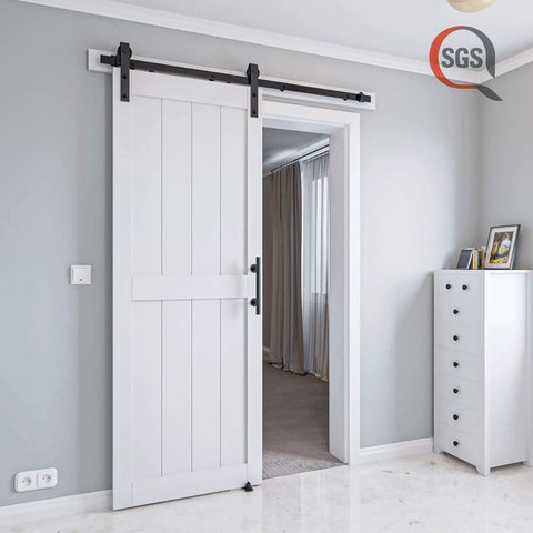 30 Inch By 84 Inch MDF Sliding Barn Door With Hardware Kit And Handle Pre Drilled Holes No Brainer Setup Waterproof PVC Surface White H Frame Solid Slab installed in home interior