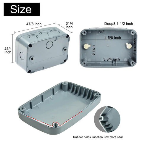 IP66 Waterproof Junction Box for Outdoor Electronics Built Tough ABS Plastic Weather Resistant Dustproof Enclosure 4.9 x 3.3 x 2.3 Inch Ideal For Outdoor Wiring Projects And Weatherproof Installations, gray open box with size labels