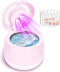 Dual Mode Ultrasonic Cleaner For Dentures Mouth Guards Toothbrush Heads And Jewelry 45 KHz Retainer Cleaner With 5 Minute Quick Blue Light Clean And 3 Minute Deep Purple Light Clean Pink, pink countertop unit with denture basket