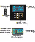 Display screen of Level 2 Portable EV Charger For Electric Cars, showing current options, voltage, and other settings.