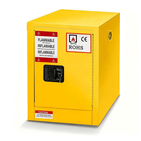 Heavy Duty Flammable Storage Cabinet With Adjustable Shelves Explosion Proof Hazmat Locker For Home, Workshop, And Industrial Use, Double Wall Steel Construction, Manual Door, 17 x 18 x 22 Inches, yellow front view