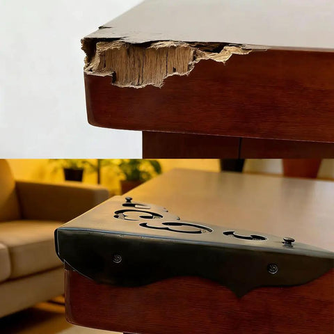 Solid As A Rock Metal Corner Protectors For Furniture Featuring Dope Vintage Floral Accents Seriously Rust Resistant Heavy Duty Edge Guards on a damaged table corner.
