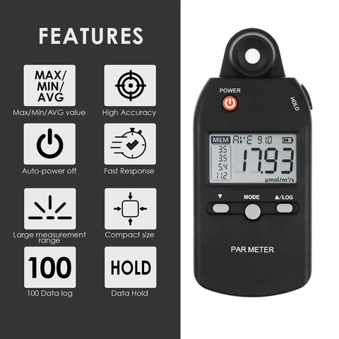 Full Spectrum PAR Meter With Pro Grade High Precision PPFD Tester For Indoor And Outdoor Plant Growth 400 To 700 Nanometers Light Range Lux Readings For Photosynthesis Results shown with display and feature icons