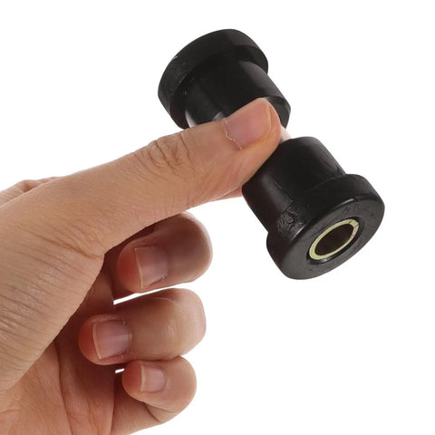 Hand holding rubber and metal bushing from Rear Leaf Spring Bushing Kit for Golf Cart Suspension Replacement, tool-free install.