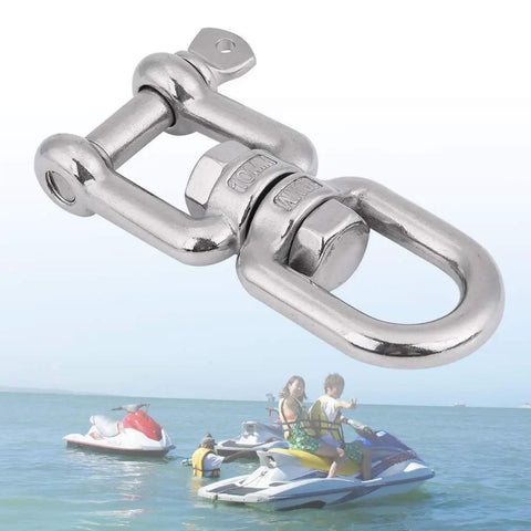 Heavy Duty 304 Stainless Steel Swivel Circle Snap Rolling Shackle 10mm Size shown with jet skis in water for marine use.