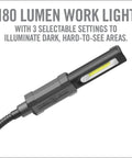 180 Lumen work light with selectable settings, part of the Hands Free Workbench Kit With Quick Connect Clamps And Smart Dock.