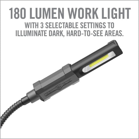 180 Lumen work light with selectable settings, part of the Hands Free Workbench Kit With Quick Connect Clamps And Smart Dock.