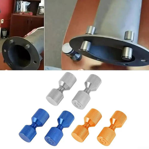 1-1/8 Inch 2-Hole Flange Alignment Pin Set Built From 6061 Aluminum Dowel With Built-In Level For ASME 150lb Pipe Fitting Black Oxide Finish Tool Kit Blue For Quick No Fuss Setup displayed with installation example