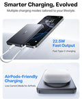 Snag This Ultra Slim Magnetic Wireless Power Bank With 10000mAh Juice And 22.5w Rapid Boost For iPhone 17 16 15 Series Pocket Friendly Portable Battery Pack Always Charged Up On The Go In Gray charging a smartphone and AirPods.