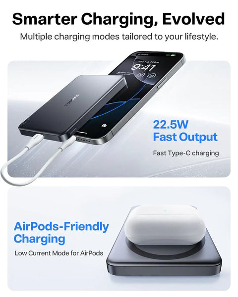 Snag This Ultra Slim Magnetic Wireless Power Bank With 10000mAh Juice And 22.5w Rapid Boost For iPhone 17 16 15 Series Pocket Friendly Portable Battery Pack Always Charged Up On The Go In Gray charging a smartphone and AirPods.