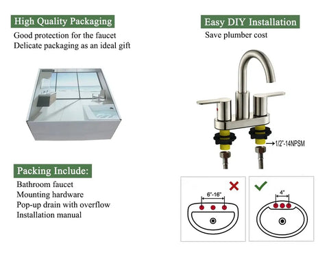 Packaging and components of Brushed Nickel Centerset Bathroom Faucet With Drain Assembly High Arc 4 Inch Lavatory 3 Hole Mount.
