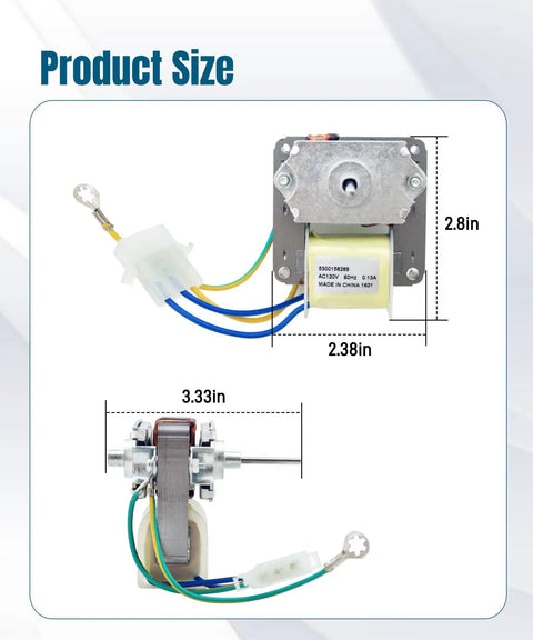 Dimensions of Refrigerator Evaporator Fan Motor Replacement 120V 60Hz 0.13A for reliable cooling shown in detail.