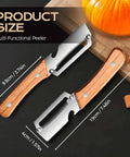 Two Pack 2 In 1 Veggie Peeler And Bottle Opener with stainless steel blade and wooden handle, shown with measurements.