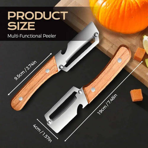 Two Pack 2 In 1 Veggie Peeler And Bottle Opener with stainless steel blade and wooden handle, shown with measurements.