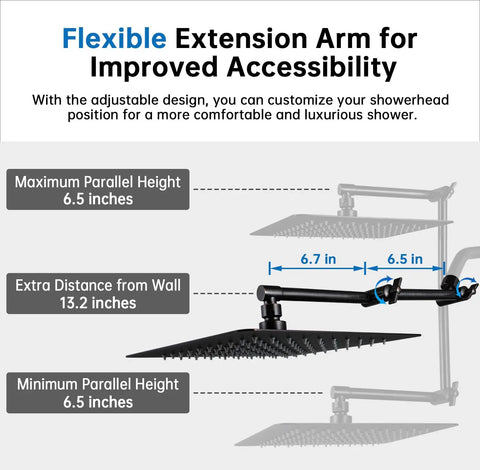 All Metal 10-Inch Rainfall Shower Head With Handheld Spray Combo showing adjustable extension arm dimensions and accessibility.