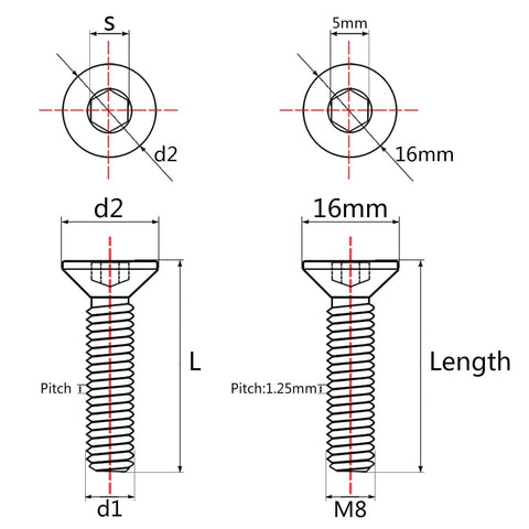 Go-To Heavy Duty Titanium M8x25mm Flat Head Countersunk Bolt Pack Of 4 DIN 7991 Full Thread Grade 5 diagram