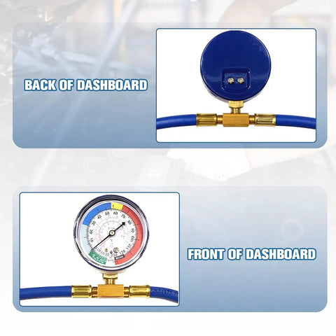 15.75 Inch R134a AC Charge Hose Kit With Pressure Gauge For Auto Air Conditioning Service Heavy Duty Aluminum Construction Leak Proof Fittings Quick Connect Ends Go To Tool For Your Shop Or Home Garage Easy To Use, front and back of dashboard view