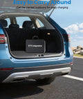 Badass Range Ready Portable EV Charger With Adjustable 16A Current 21 Ft J1772 Cable in car trunk for easy transport.