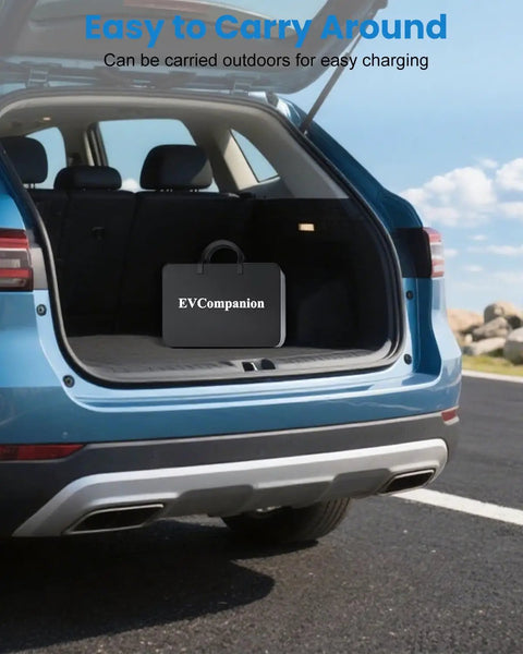 Badass Range Ready Portable EV Charger With Adjustable 16A Current 21 Ft J1772 Cable in car trunk for easy transport.