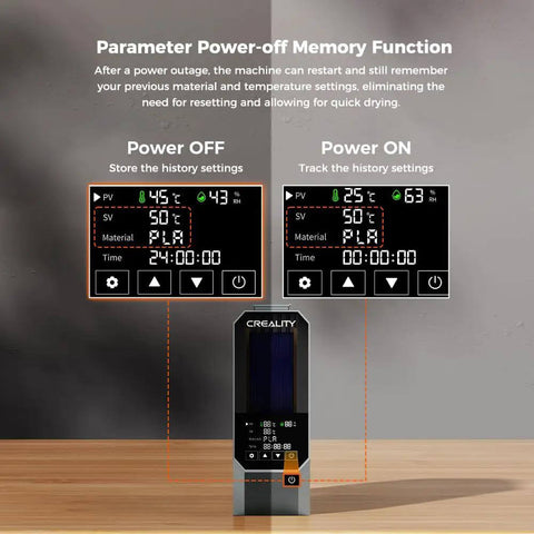 Space Pi Filament Dryer With Spool Holder, Fast Drying Tech, touchscreen controls showing power-off and power-on modes on display