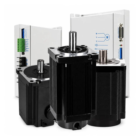 Badass Heavy Duty Three Phase Stepper Motor Kit Paired With Smooth Ball Screw Drive System For Cnc Machining And Robotic Builds Featuring 34 42 And 52 Frame Sizes That Crank Out Forty Five To Fifty Newton Meters Of Pure Torque Power, showcasing multiple stepper motors and driver electronics.