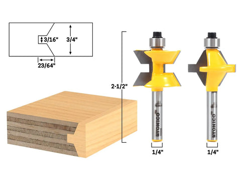 Pro Grade Edge Banding Tongue and Groove Router Bit Set With 1/4 Inch Shank 23/64 Inch Cutting Depth Dual Flute Carbide Blades