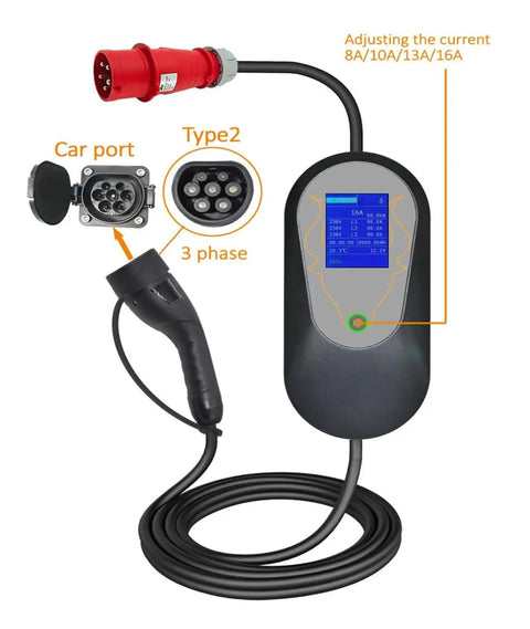 Portable Type 2 EV Charger with 5 meter cord, showing adjustable current settings and Type 2 car port, for home or weekend use.