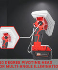 Milwaukee M18 Compatible Cordless LED Work Light Flashlight, 18W 2000 Lumen Spotlight, red pivoting zinc alloy head, 110° angle.