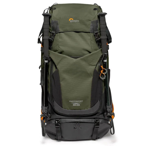 Front view of PhotoSport Pro 55L AW IV Camera Backpack For Mirrorless And DSLR Gear Medium To Large Green All Weather Protection