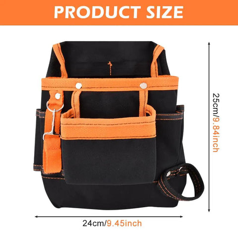 8 Pocket Tool Pouch Waist Bag For Tools Adjustable Belt Work Apron Built For Technicians Electricians Carpenters Woodworkers Roofers Rugged Multi Pocket Organizer Lightweight Durable Fits Most Waist Sizes shown with size dimensions