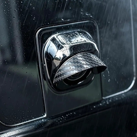 Close-up of Four Piece Backup Camera Rain Shields For Tesla Cybertruck, showcasing weatherproof lens cover in the rain.