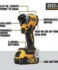 Compact 20V Max Brushless Cordless Impact Driver Kit With Battery And Charger Delivers Heavy Duty Muscle And Knockout Speed For The Daily Grind Featuring Smooth Variable Trigger And Blazing Bright Worksite Lighting with features like LED light ring and variable speed trigger.