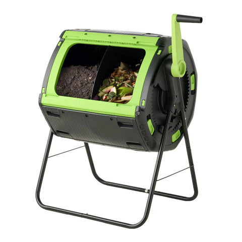 48 Gallon Compost Tumbler With Cart Dual Compartment Geared System For Easy Emptying Elevated Base With Turning Lock Ratchet