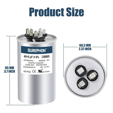 Dual Run Capacitor 45 Plus 5 MFD For HVAC And Air Conditioners 370 To 440 Volt Six Percent Tolerance A Class, product size shown
