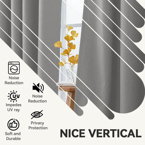 NFPA701 Flame Retardant Blackout Curtain Set For Bedroom And Living Room Light Gray 52 By 63 Inches 2 Panels With Grommets Fluorine Free Thermal Insulated Easy Hang No Tools Required with close-up of gray curtains hanging showing texture.