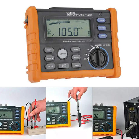 Digital Insulation Tester Multimeter with 0.01M to 100G Insulation Range and 250V to 2500V AC DC testing, backlit display.