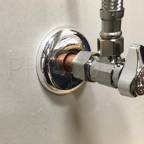 Split Chrome Plastic Escutcheon Cover Plate For 1/2 Inch CTS Copper Pipe And PEX 5/8 Inch OD installed on wall