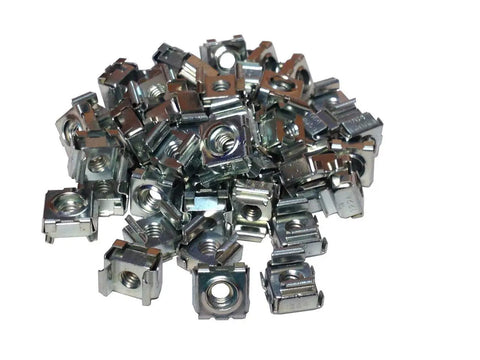 High Octane Snap In Cage Nuts 12 24 Threading Zinc Coated 50 Pack Rack Mount Hardware grouped together for easy installation.