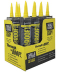 All Weather Clear Roof Sealant 10.5 Oz Cartridge Pack Of Twelve display stacked in a box with bright yellow labels.