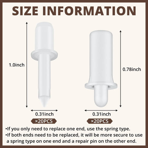 Top Shelf Spring Loaded Shutter Repair Pins Crisp White Long And Short Mix for visual size reference of 1 inch and 0.78 inch models.