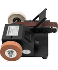 Heavy Hitter Mini Belt Sander With 350W All Copper Motor And 10 Included Abrasive Belts Speed Adjustable Bench Polisher close-up view on black frame