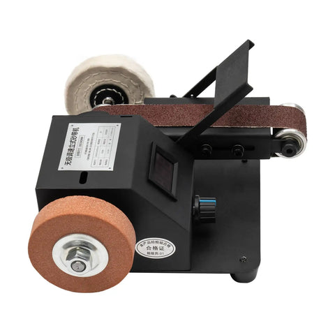 Heavy Hitter Mini Belt Sander With 350W All Copper Motor And 10 Included Abrasive Belts Speed Adjustable Bench Polisher close-up view on black frame