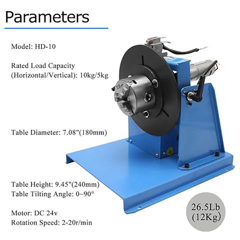 Heavy Duty 10Kg Welding Positioner Turntable With 65mm Chuck Rotating 0 To 90 Degree Table for flanges with specifications shown.