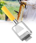 Stainless Steel Beehive Knife Scraper and Honey Uncapping Fork with beekeeper and honeycomb in background.