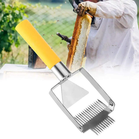 Stainless Steel Beehive Knife Scraper and Honey Uncapping Fork with beekeeper and honeycomb in background.